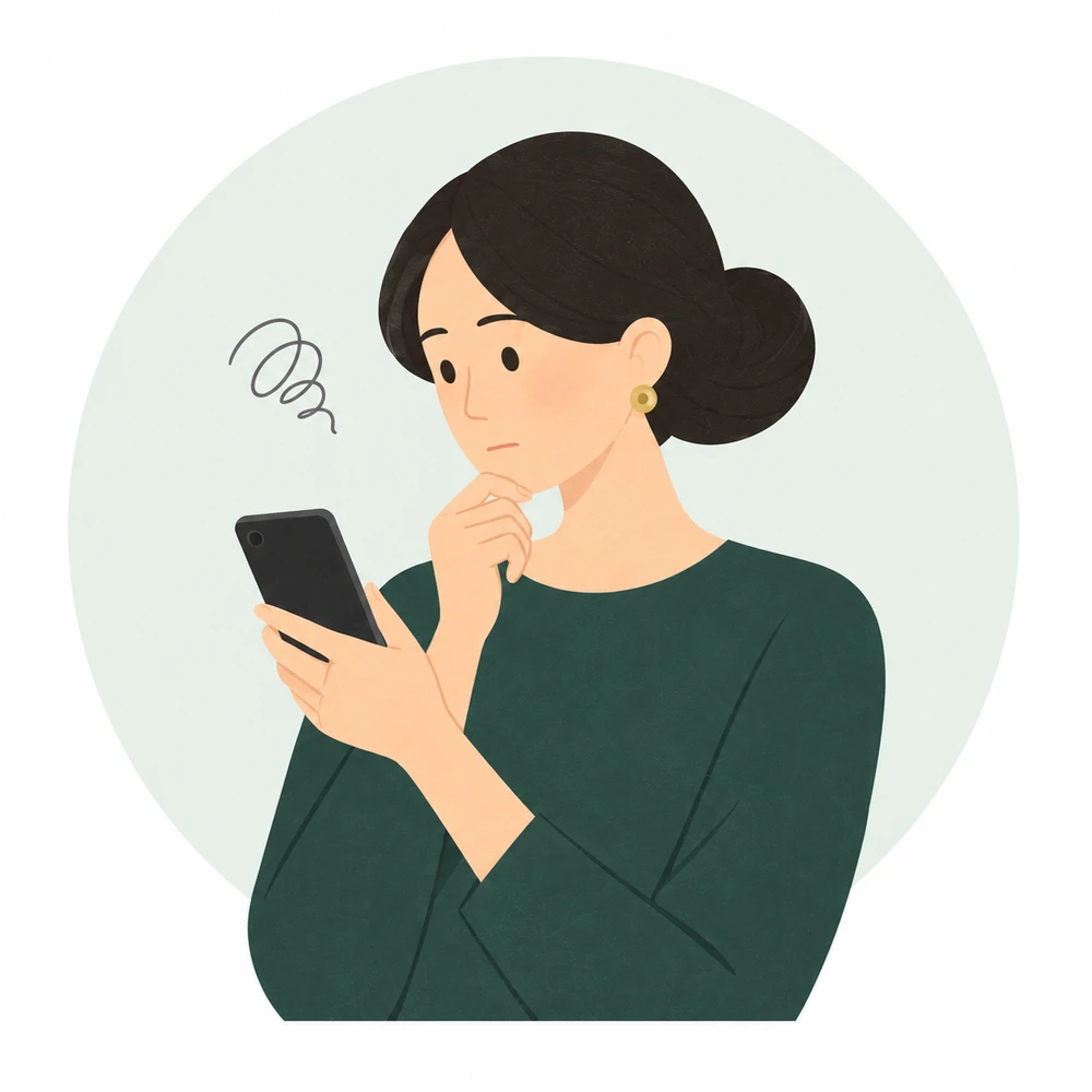 スマートフォンを見ながら、返信がない理由を考える女性